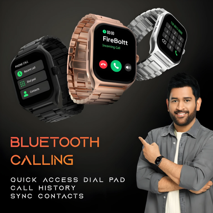Fire-Boltt Solaris Bluetooth calling with dial pad and call controls; multiple colours shown