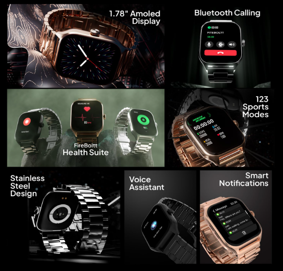 Fire-Boltt Solaris feature overview showing AMOLED display, calling, health tracking and sports modes