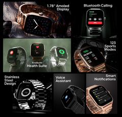 Fire-Boltt Solaris feature overview showing AMOLED display, calling, health tracking and sports modes