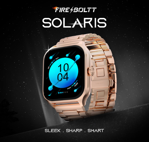 Fire-Boltt Solaris Pink smartwatch with metal bracelet and blue AMOLED watch face