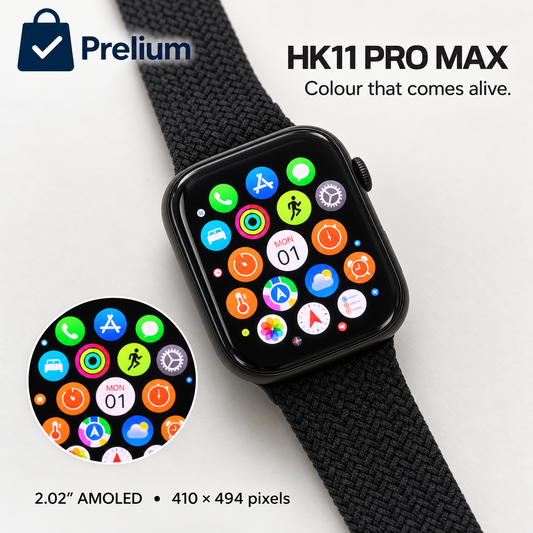 Prelium HK11 Pro Max Black with colourful circular app display — 2.02-inch AMOLED, 410 × 494 pixels