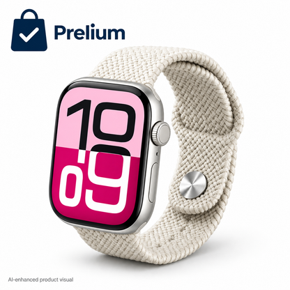 HK11 Pro Max Silver smartwatch with ivory woven strap, AI-enhanced product image