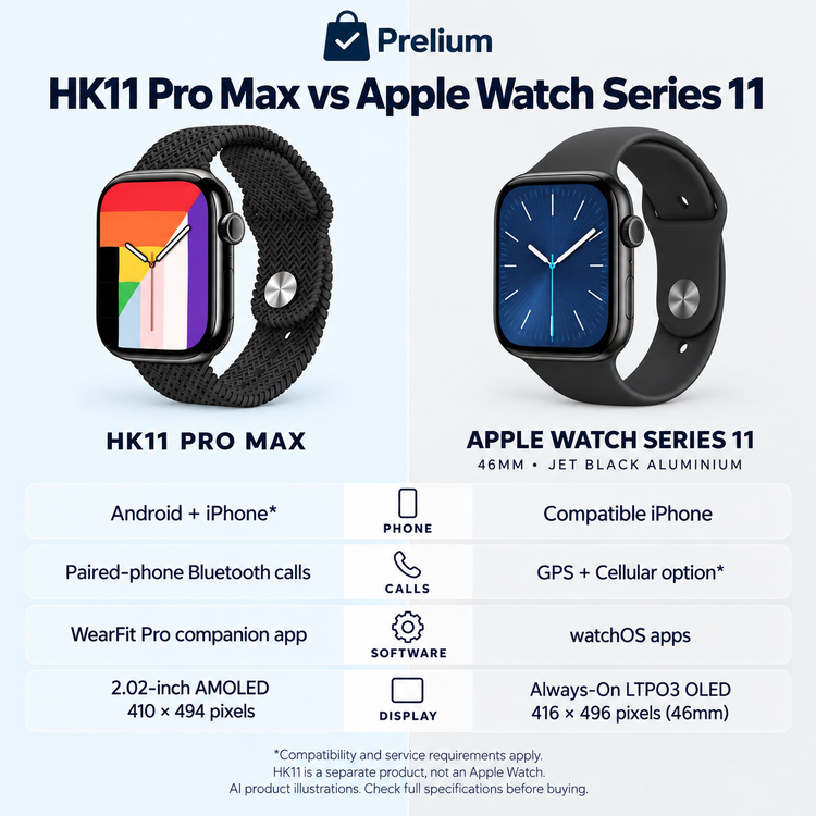 Prelium HK11 Pro Max vs Apple Watch Series 11 comparison — 410 × 494 versus 416 × 496 (46mm)