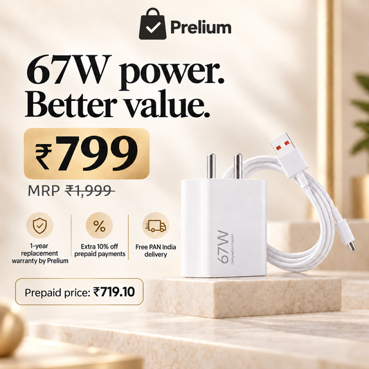 Prelium offer: ₹799, MRP ₹1,999, ₹719.10 prepaid, one-year Prelium replacement warranty and free PAN India delivery — background-matched Prelium logo