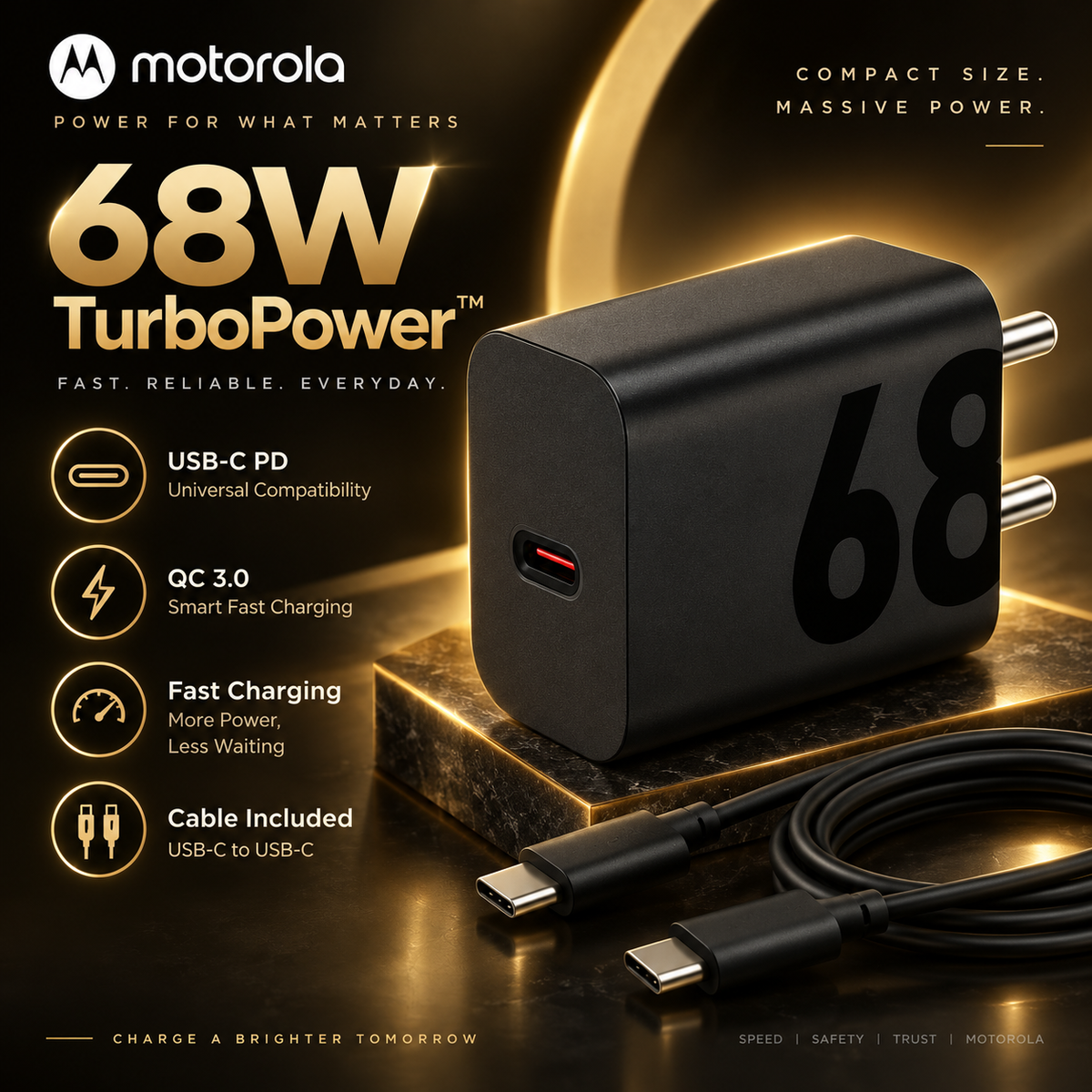 Motorola 68W TurboPower charger features USB-C PD QC 3.0 fast charging cable included