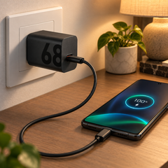 Motorola 68W TurboPower USB-C charger powering a smartphone