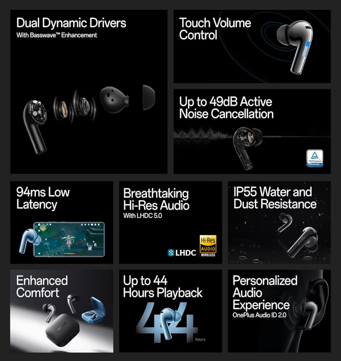 OnePlus Buds 3 features with 49dB ANC Hi-Res Audio IP55 and 44 hour playback