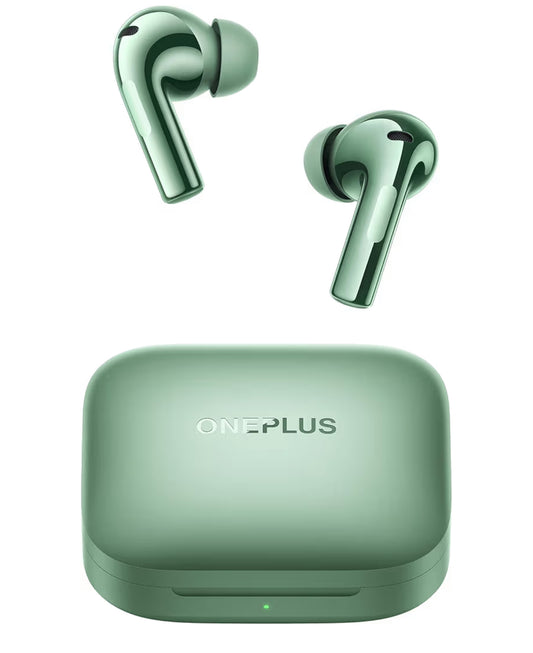 OnePlus Buds 3 green wireless earbuds with charging case