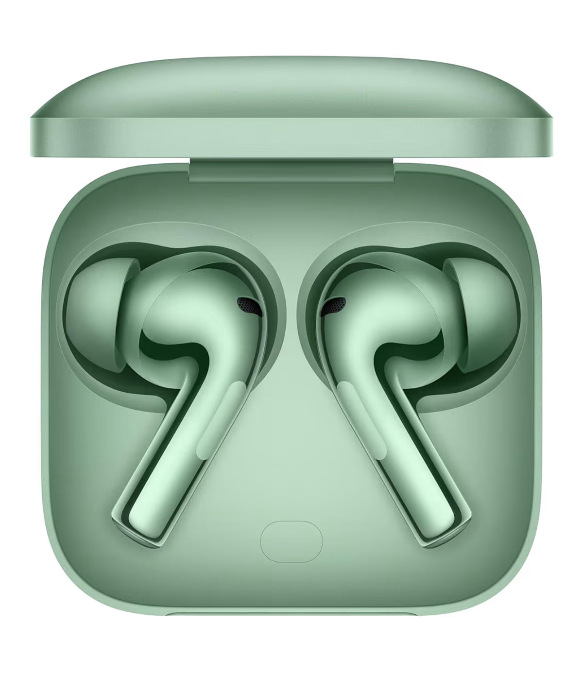 OnePlus Buds 3 green earbuds inside open charging case