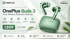 OnePlus Buds 3 green earbuds banner showing ANC battery and Prelium offers