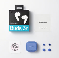 OnePlus Nord Buds 3r retail box, user guide, blue charging case and spare ear tips