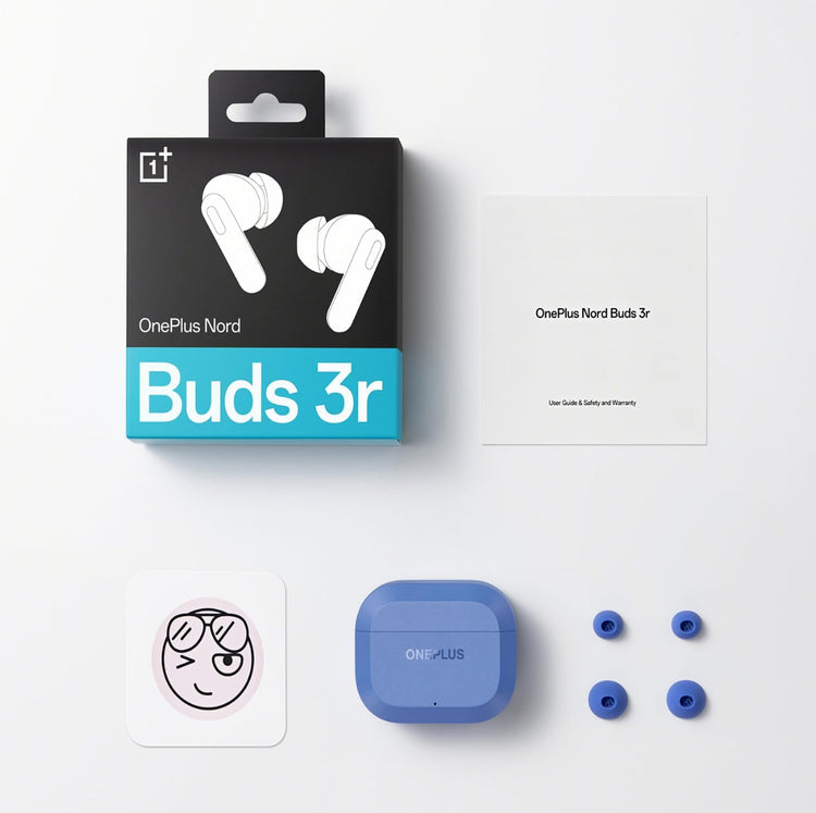 OnePlus Nord Buds 3r retail box, user guide, blue charging case and spare ear tips