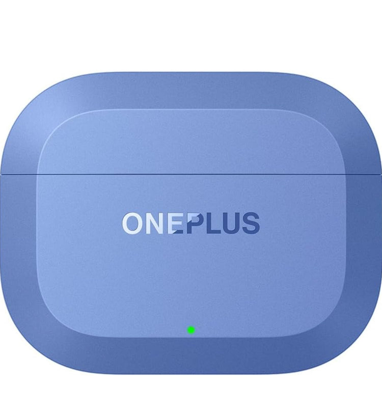 OnePlus Nord Buds 3r blue charging case with lid closed and green indicator