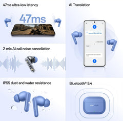 OnePlus Nord Buds 3r graphic showing low latency, call noise cancellation, IP55 resistance and Bluetooth 5.4