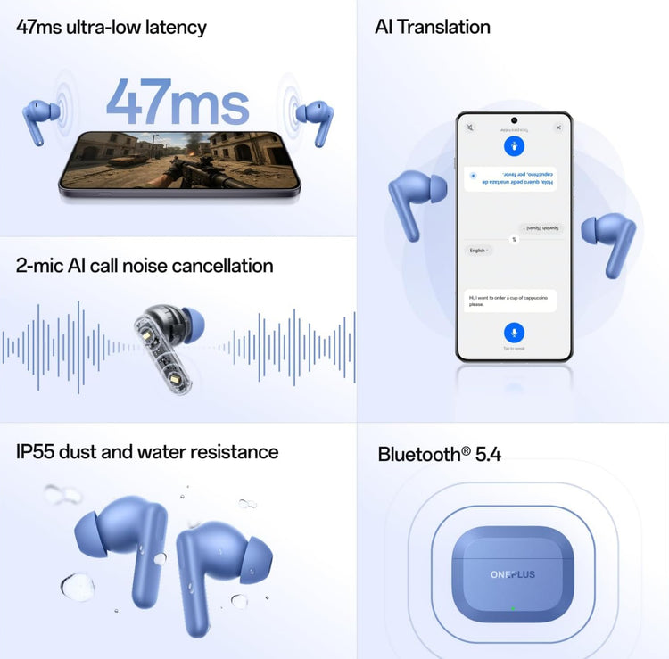 OnePlus Nord Buds 3r graphic showing low latency, call noise cancellation, IP55 resistance and Bluetooth 5.4