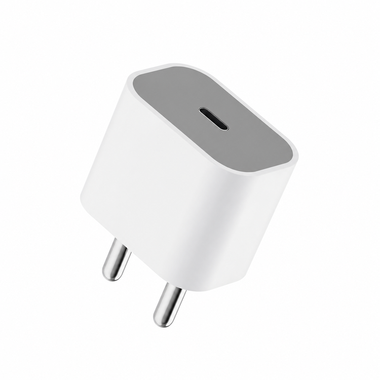White Prelium 20W USB-C PD adapter with round pins; AI-assisted image based on the product photo
