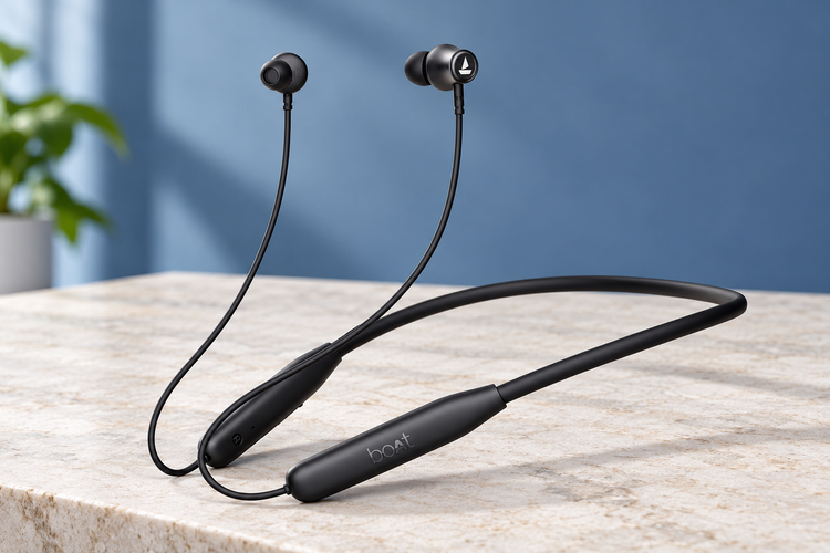 AI illustration of black boAt Rockerz 111 neckband earphones on a stone desk