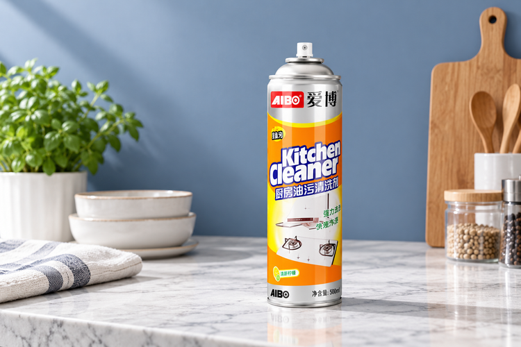 AI illustration of an orange and silver kitchen cleaner aerosol can on a kitchen counter