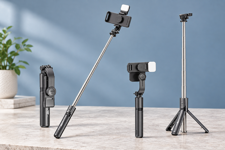 AI illustration of a black Bluetooth selfie stick in folded, extended and tripod positions