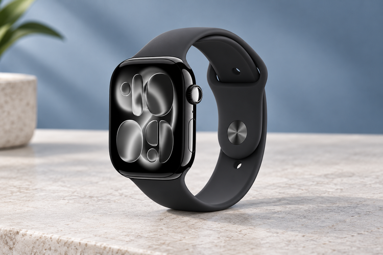 AI illustration of a black Series 11 smartwatch with silicone strap on a stone desk