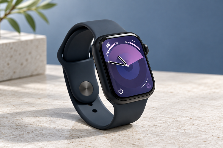 AI illustration of a black Series 9 smartwatch with purple watch face and silicone strap