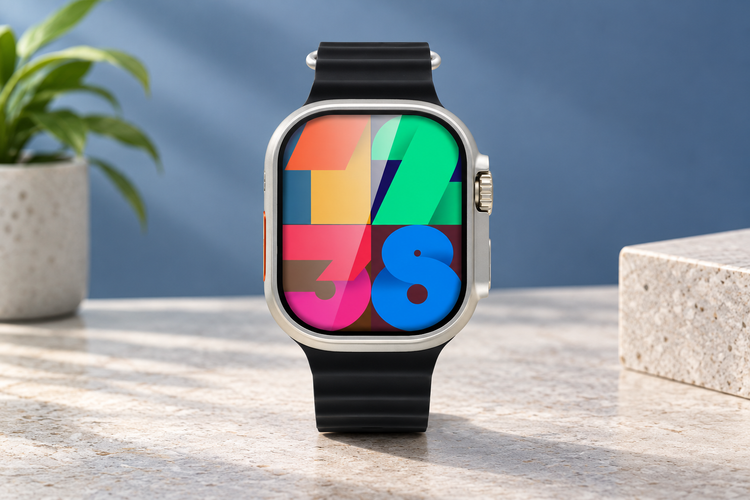 AI illustration of a silver W9 Ultra smartwatch with black strap and colourful display