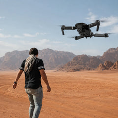 Drone flying near an adult traveler