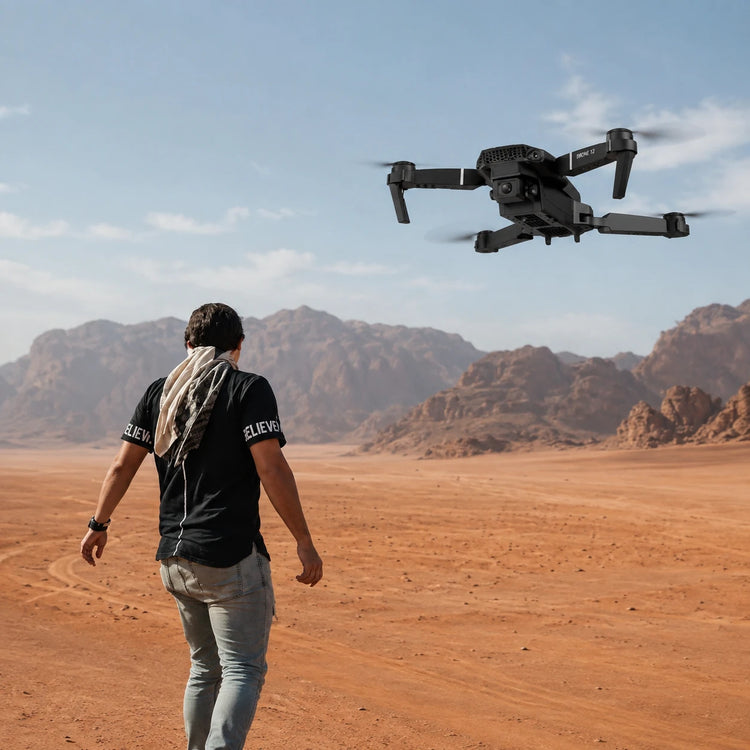 Drone flying near an adult traveler