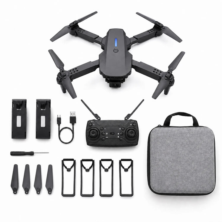 Drone kit with batteries, guards, spare propellers and bag