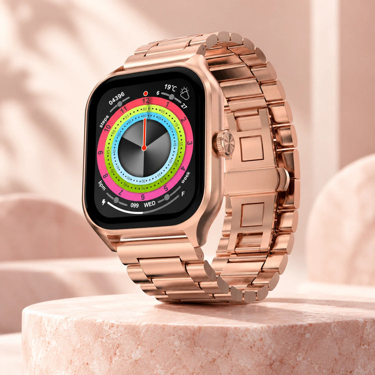 AI illustration of Fire-Boltt Solaris Pink smartwatch with rose-gold metal strap