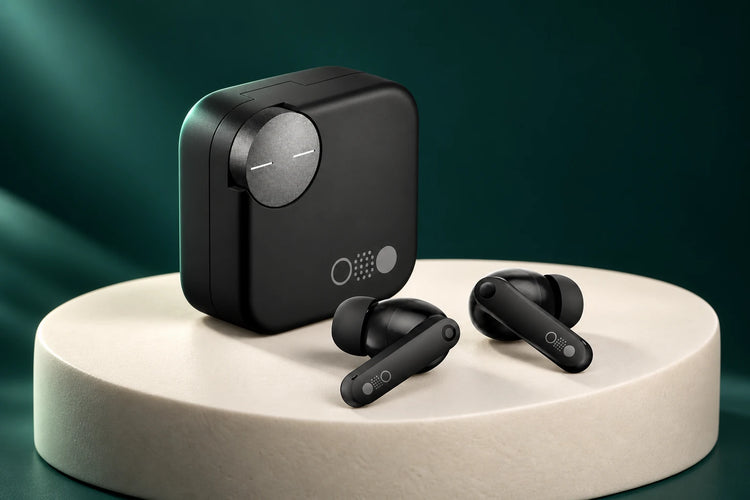 AI-styled studio scene of black Prelium CMT earbuds and charging case on a cream podium