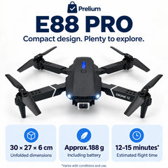 Prelium branded E88 Pro specification card showing dimensions, approximate weight and estimated flight time