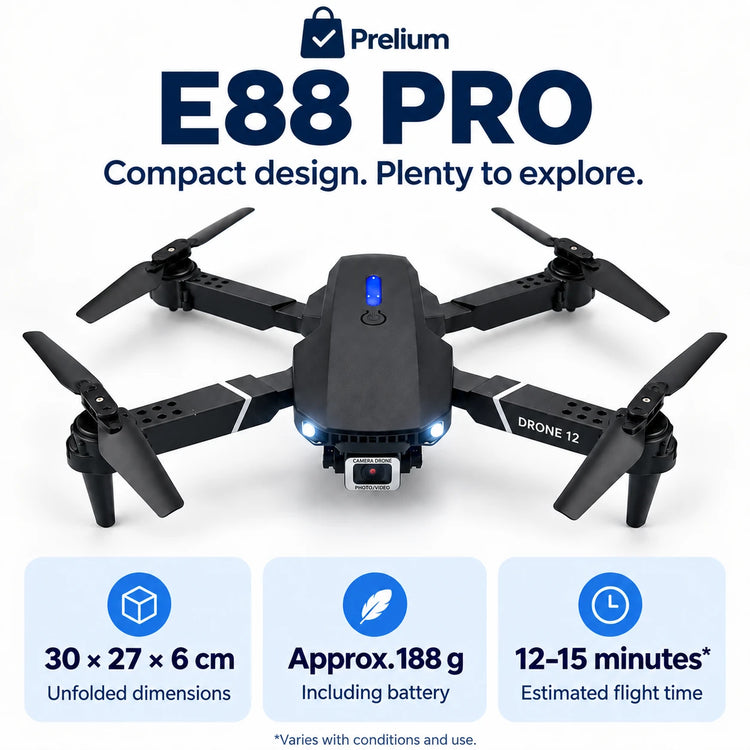Prelium branded E88 Pro specification card showing dimensions, approximate weight and estimated flight time