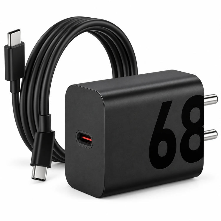 AI product illustration of a Motorola 68W TurboPower charger with USB-C cable
