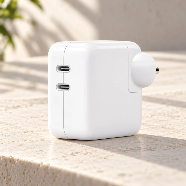 AI-generated product illustration: Apple 35W white adapter on stone desk