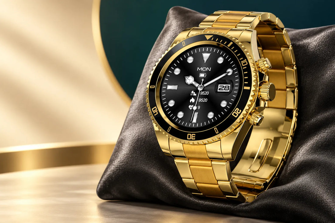 AI illustration of Fire-Boltt Astra Gold round smartwatch on a charcoal display cushion
