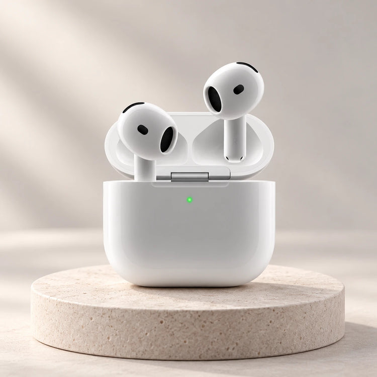 AI illustration of white AirPods 4 earbuds in an open charging case