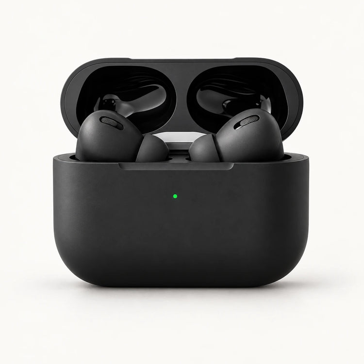 AI illustration of black Prelium Pro 2 wireless earbuds and charging case