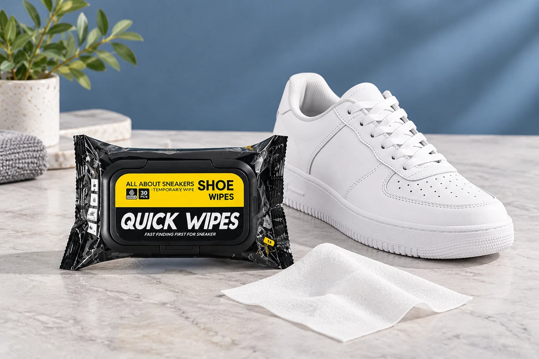AI illustration of black-and-yellow shoe shine wipes beside a white sneaker