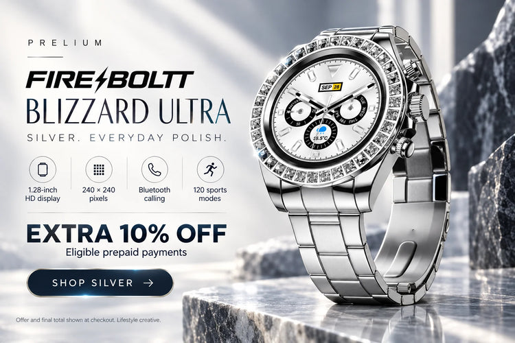 AI illustration of Fire-Boltt Blizzard Ultra Silver smartwatch with steel bracelet