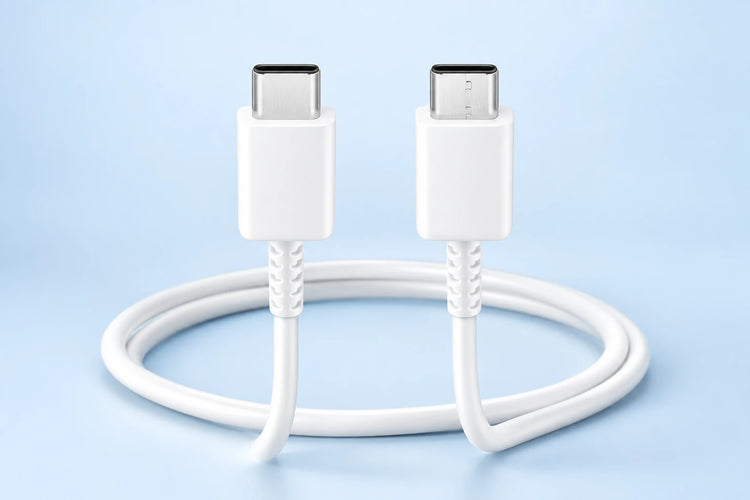 AI illustration of a white USB-C to USB-C cable with upright connectors on a pale blue background