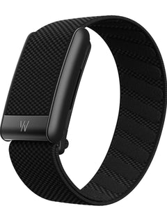 WHOOP 5.0 Peak black fitness tracker with woven SuperKnit band, front angled view